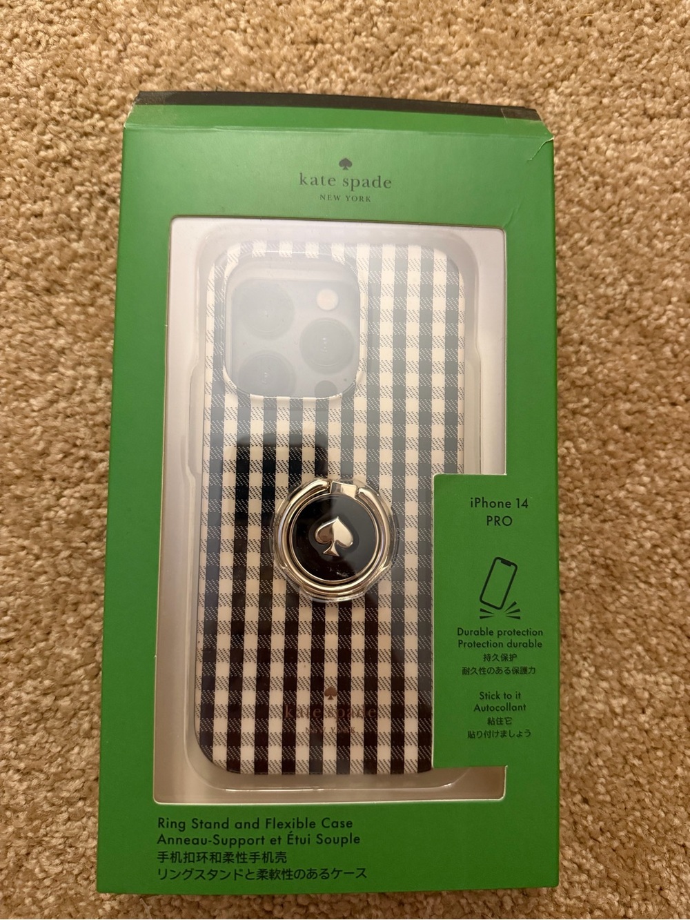 kate spade Black & White Gingham Phone Case with Ring Stand for iPhone 14 Pro